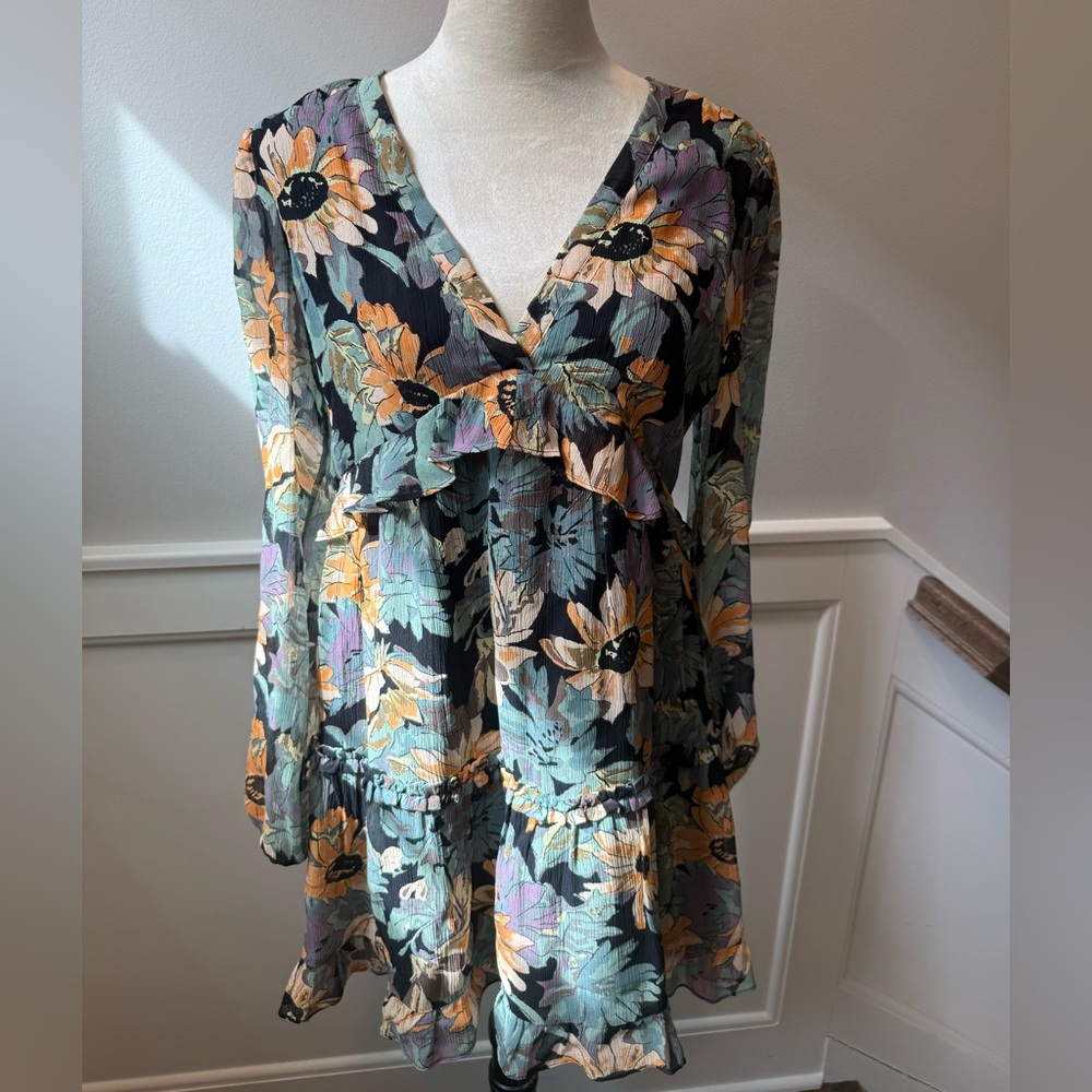 PAIGE Sunflower Green/Black/Orange Mini Dress Sz S worn once- 100% Silk SPRING